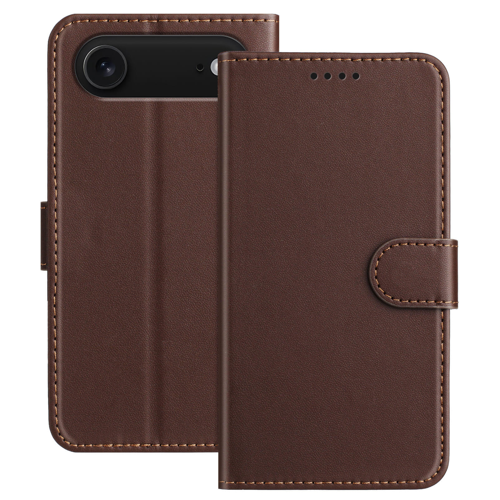 Cover-Discount iPhone 17 Air - Elegante Ledertasche in Braun, mit Magnetverschluss, Kameraschutz und praktischen Kartenfächern - Vorder- und Rückansicht der edlen Handyhülle.
