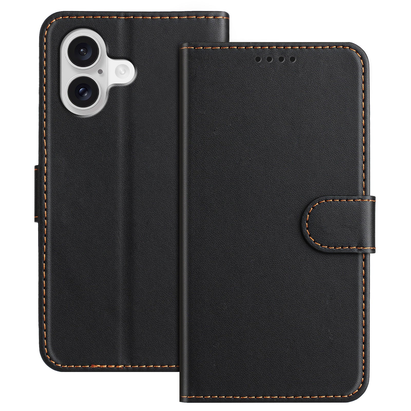 #farbe_schwarz|Die Cover-Discount iPhone 17 - Elegante Ledertasche in schlichtem Schwarz mit braunen Nähten verfügt über Kartenfächer, Standfunktion und passt zu Ihrem Dual-Kamera-Smartphone. Abgebildet offen und geschlossen.