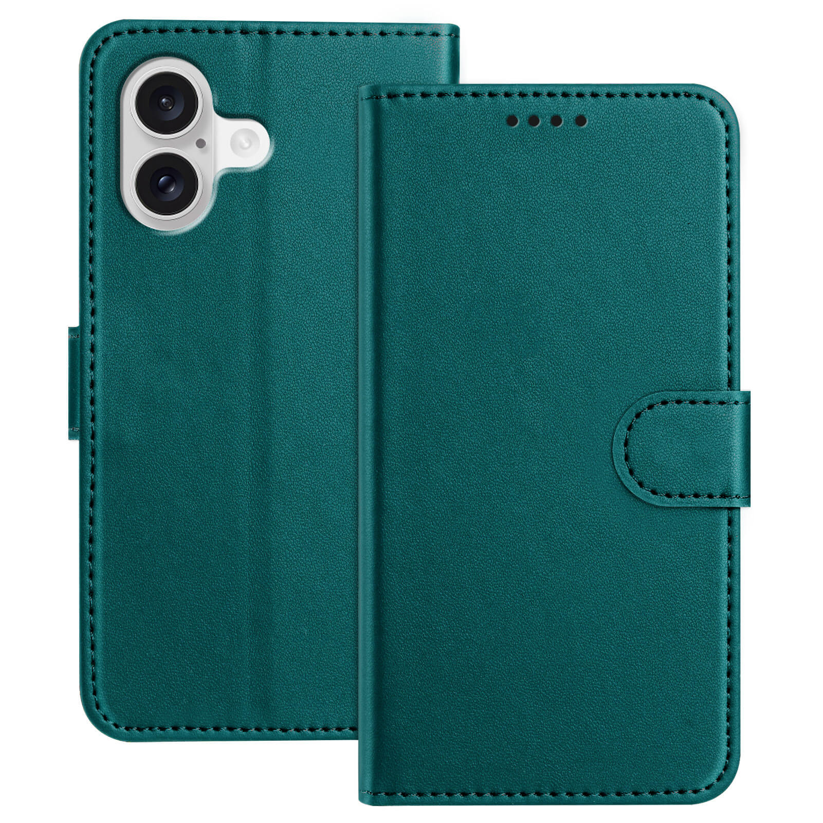 Die Cover-Discount iPhone 17 - Elegante Ledertasche, abgebildet auf der Vorder- und Rückseite, bietet einen Magnetverschluss, einen doppelten Kameraausschnitt und eine Handyhülle mit Kartenfächern für das Nötigste.