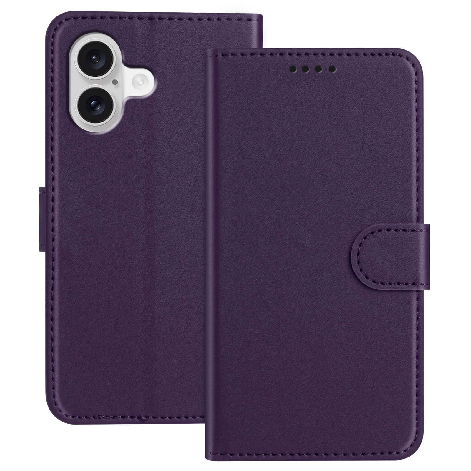 Die Cover-Discount iPhone 17 - Elegante Ledertasche aus lilafarbenem Leder verfügt über einen Magnetverschluss, Kartenfächer und einen doppelten Kameraausschnitt für einfachen Zugriff und stilvollen Schutz. Abgebildet sowohl offen als auch geschlossen.