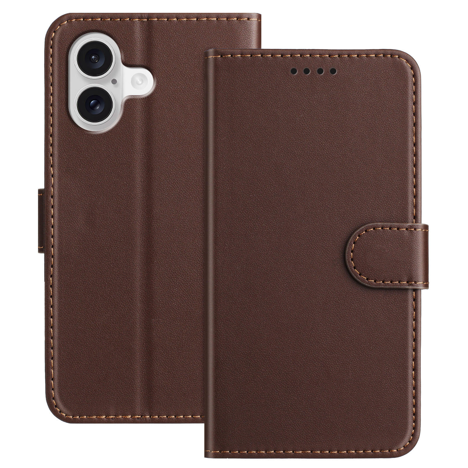 Die iPhone 17 - Elegante Ledertasche von Cover-Discount aus braunem Leder mit Magnetverschluss ist für Telefone mit zwei Kameras geeignet. Diese praktische Tasche verfügt über Kartenfächer für eine organisierte Aufbewahrung und einen eleganten Look, der auf der Vorder- und Rückseite gezeigt wird.