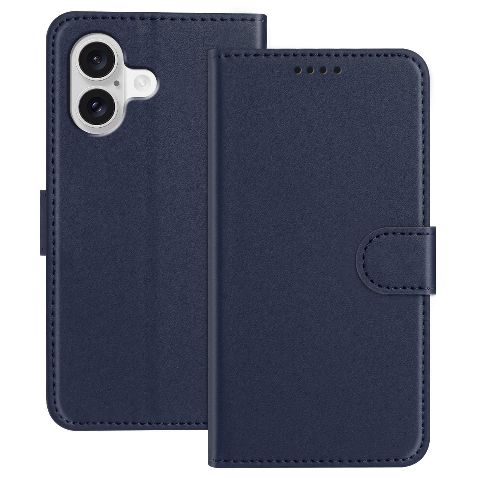 Die Cover-Discount iPhone 17 - Elegante Ledertasche wird offen und geschlossen gezeigt und verfügt über Kameraausschnitte, Kartenfächer und einen Magnetverschluss in Marineblau.