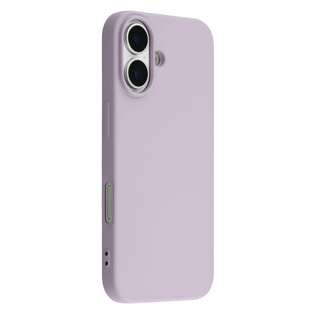 #farbe_violett|Lila Silikon-Handyhülle mit präzisen Aussparungen für Dual-Kamera und Seitentasten, vor weißem Hintergrund.