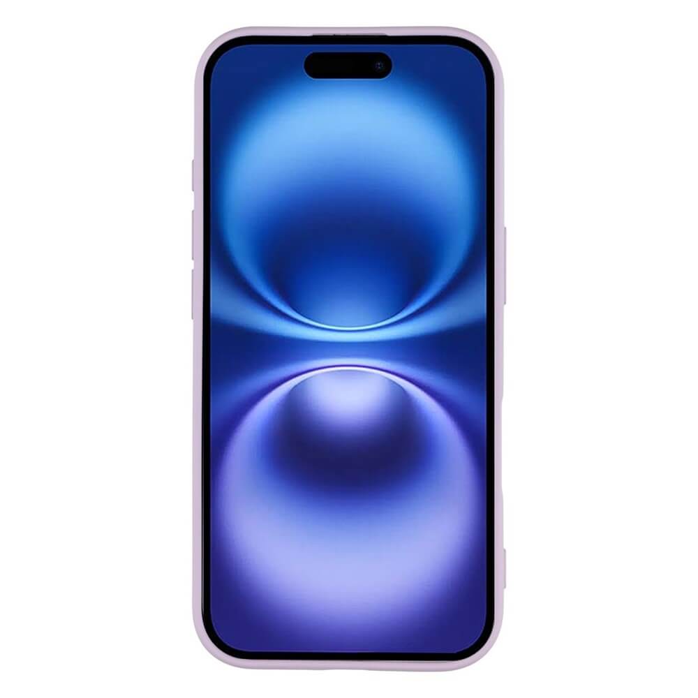 Smartphone mit randlosem Display und blauem abstraktem Hintergrund mit kugelförmigen Elementen
