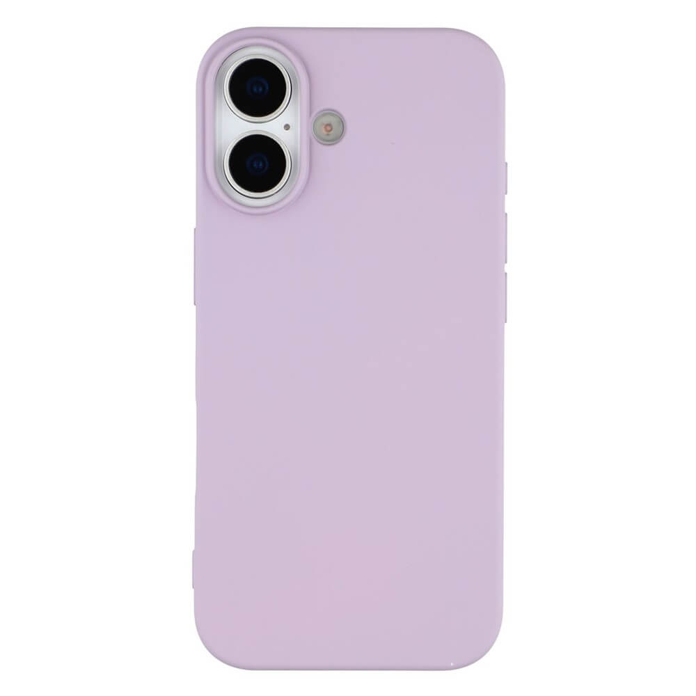 #farbe_violett|Smartphone mit glattem pastell-lavendelfarbenem Schutzcase und silbernem Kameramodul mit zwei vertikalen Linsen