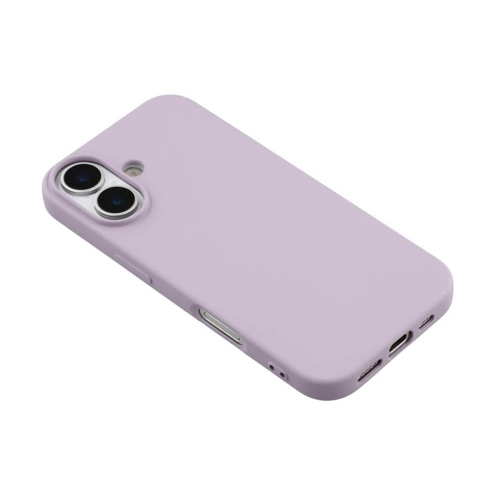 Smartphone mit helllila Schutzhülle, doppelter Kamera und sichtbaren Anschluss- und Lautsprecherausschnitten.
