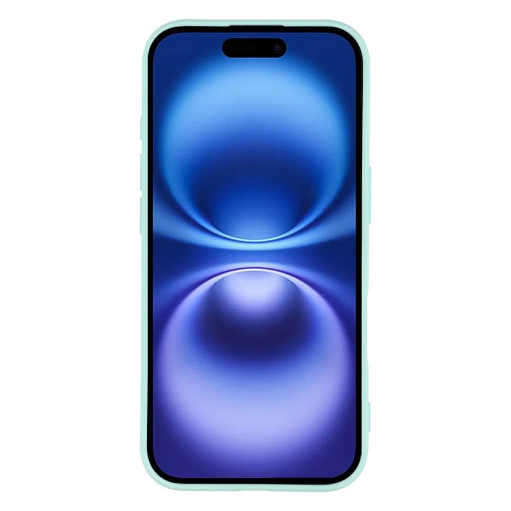 Vorderansicht des iPhone 14 mit blauem Schutzgehäuse und lebendigem, blau-lila abstraktem Hintergrund.