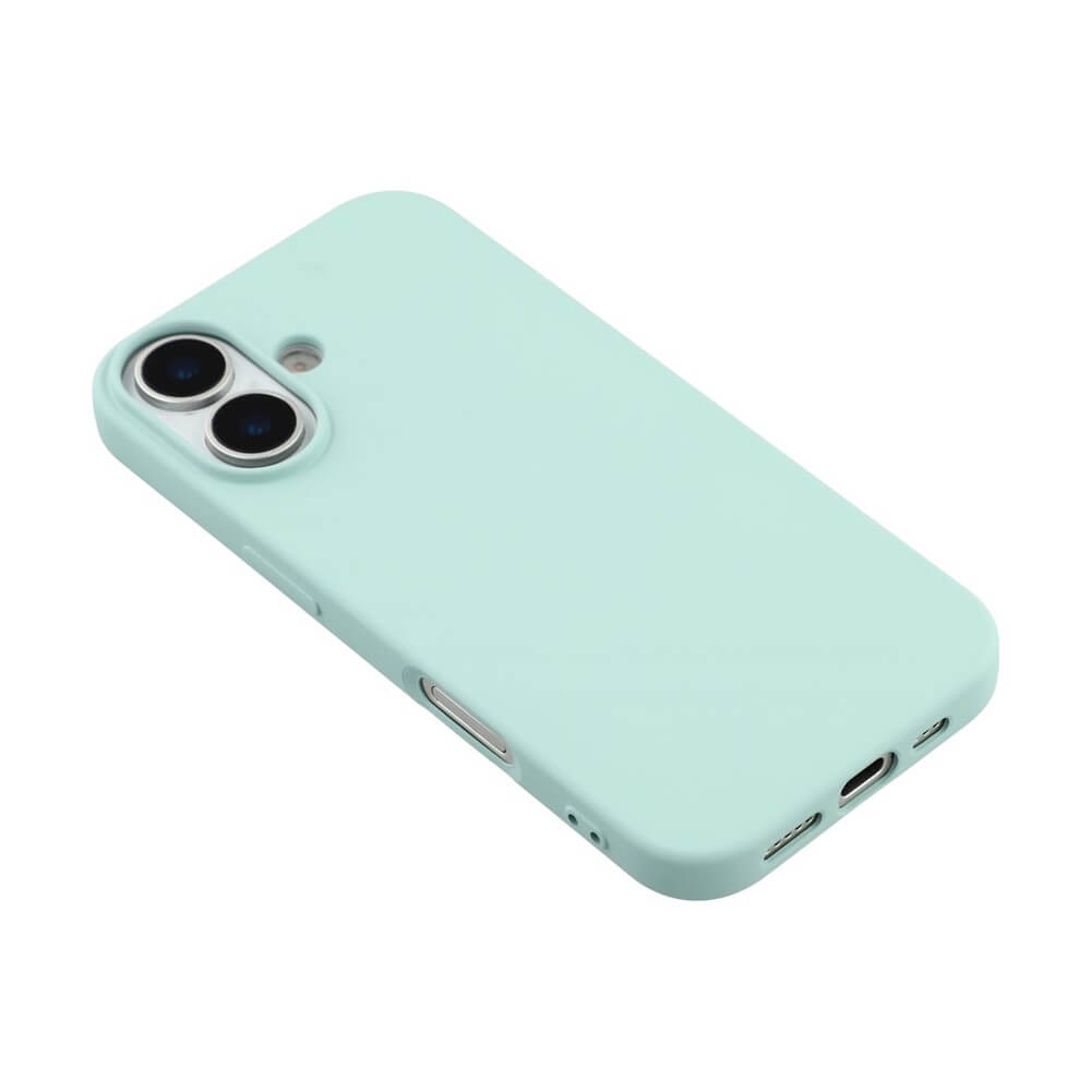 Smartphone mit hellblauem Schutzgehäuse, doppelte Rückkamera und seitliche Tasten in Nahaufnahme.