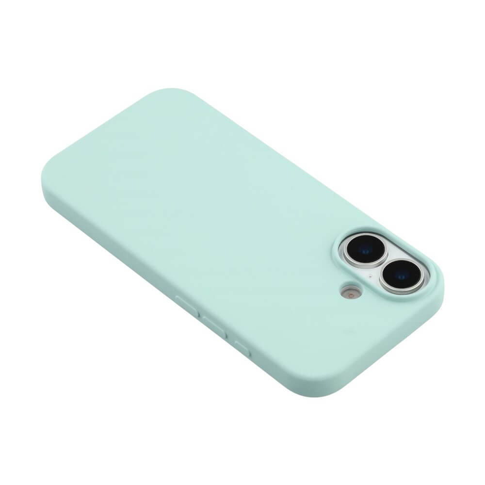 Hellmintgrüne Smartphone-Hülle mit präzisen Aussparungen für Dual-Kamera und Sensor auf weißem Hintergrund.