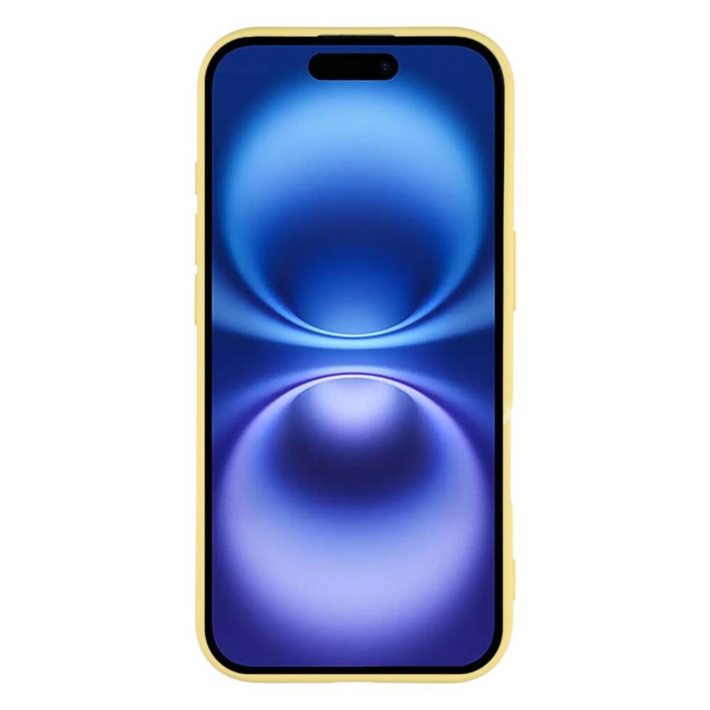 Smartphone mit gelber Hülle und Kameraaussparung auf abstraktem blau-violettem Hintergrund.