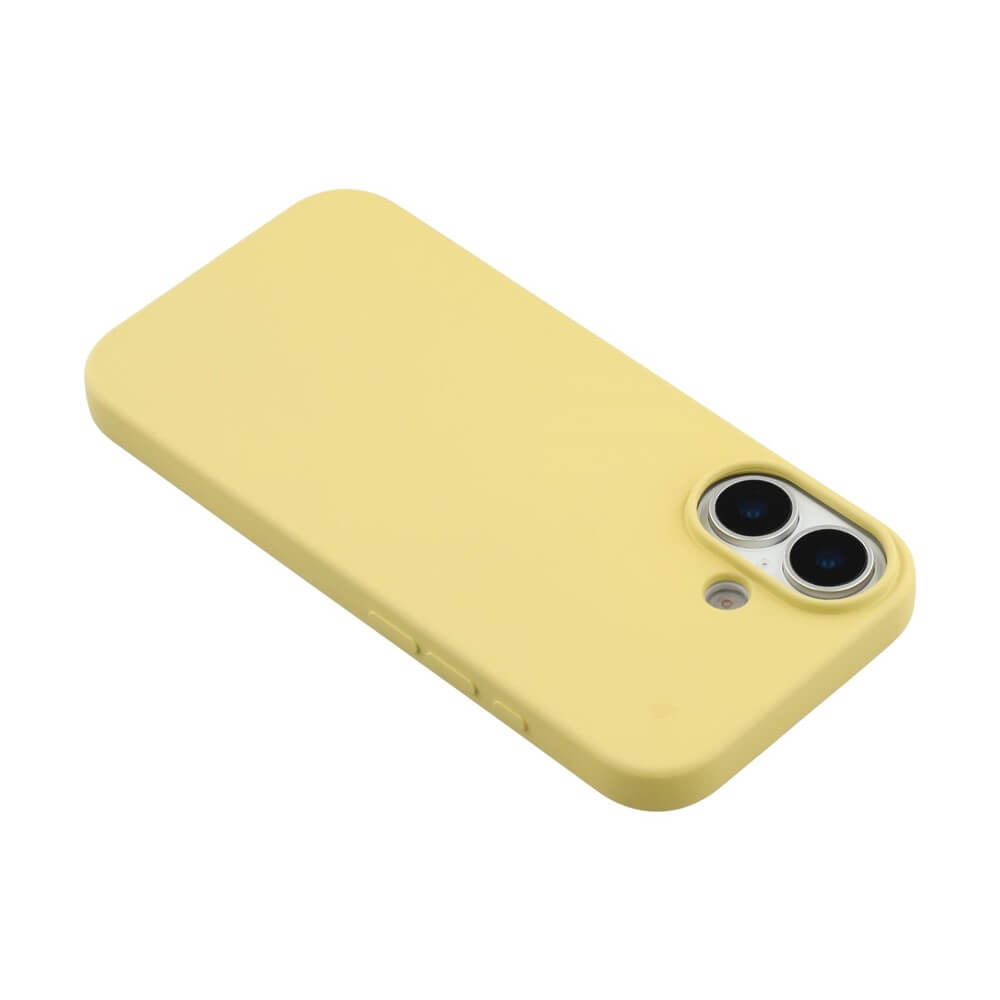 Gelbes Smartphone-Case mit glatter Oberfläche, Dual-Kamera und Blitz, auf weißem Hintergrund.