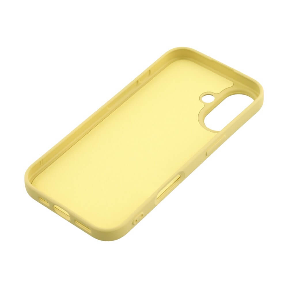 Gelbe schützende Handyhülle mit Aussparungen für Kamera und Tasten, ergonomisch gestaltet.