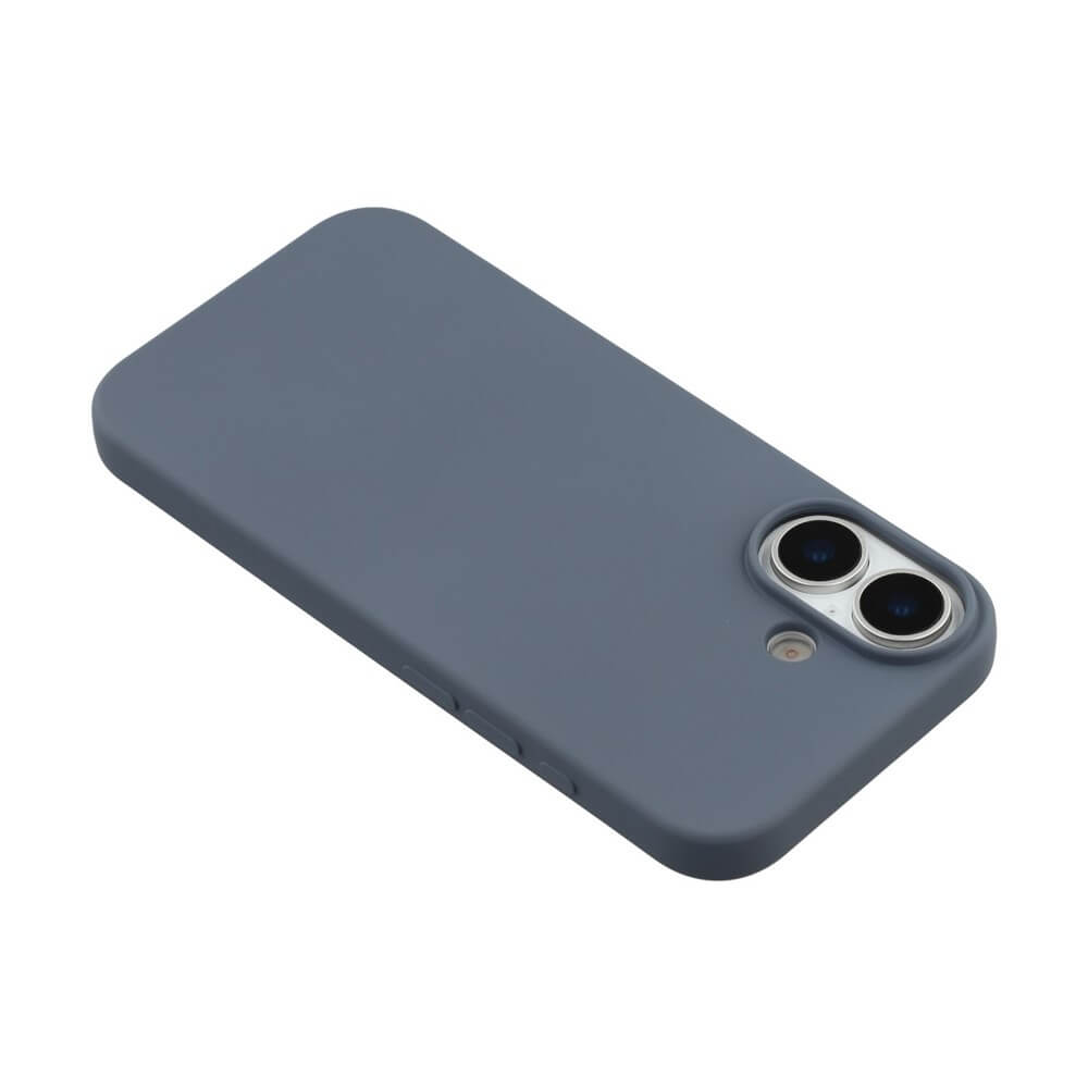 Smartphone mit grauer Schutzhülle, Dual-Kamera und Blitz, stilvoll auf weißem Hintergrund präsentiert.