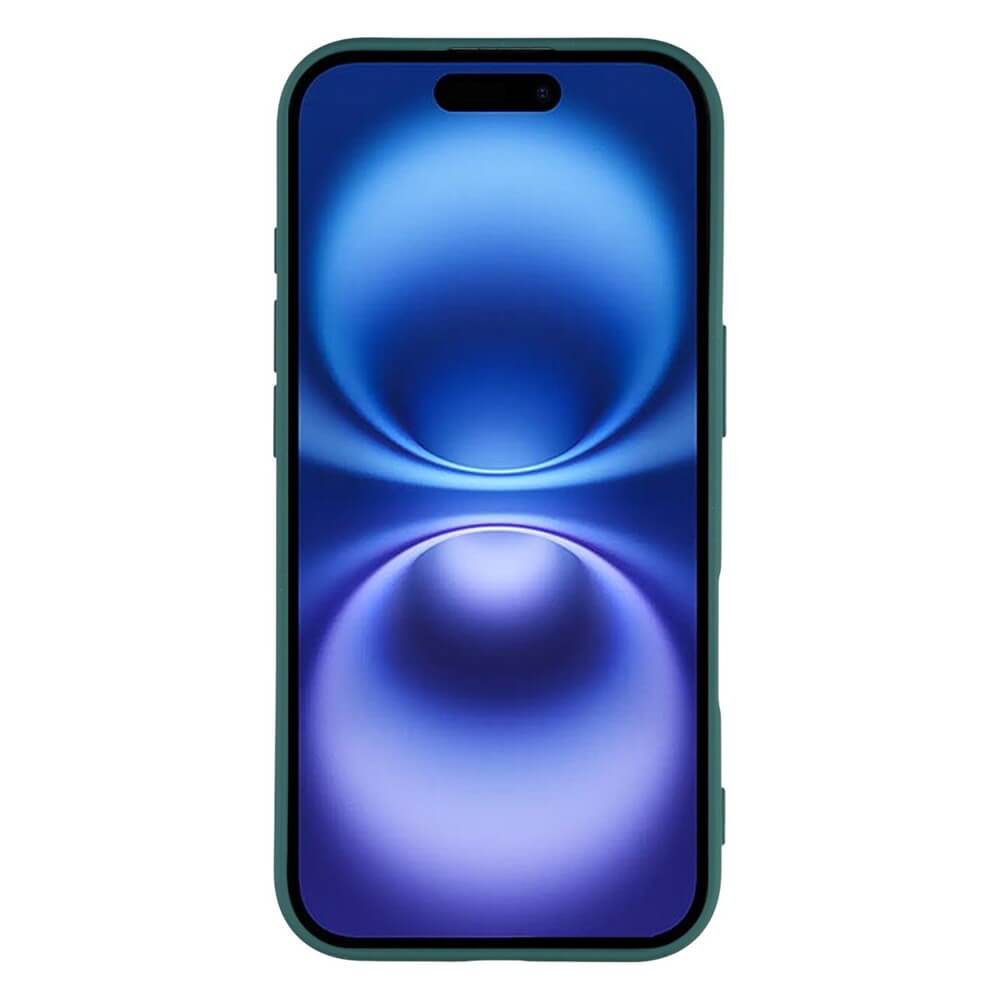 Modernes Smartphone mit dunkelgrünem Schutzcase und blau-lila abstraktem Hintergrund mit Kreisverläufen.