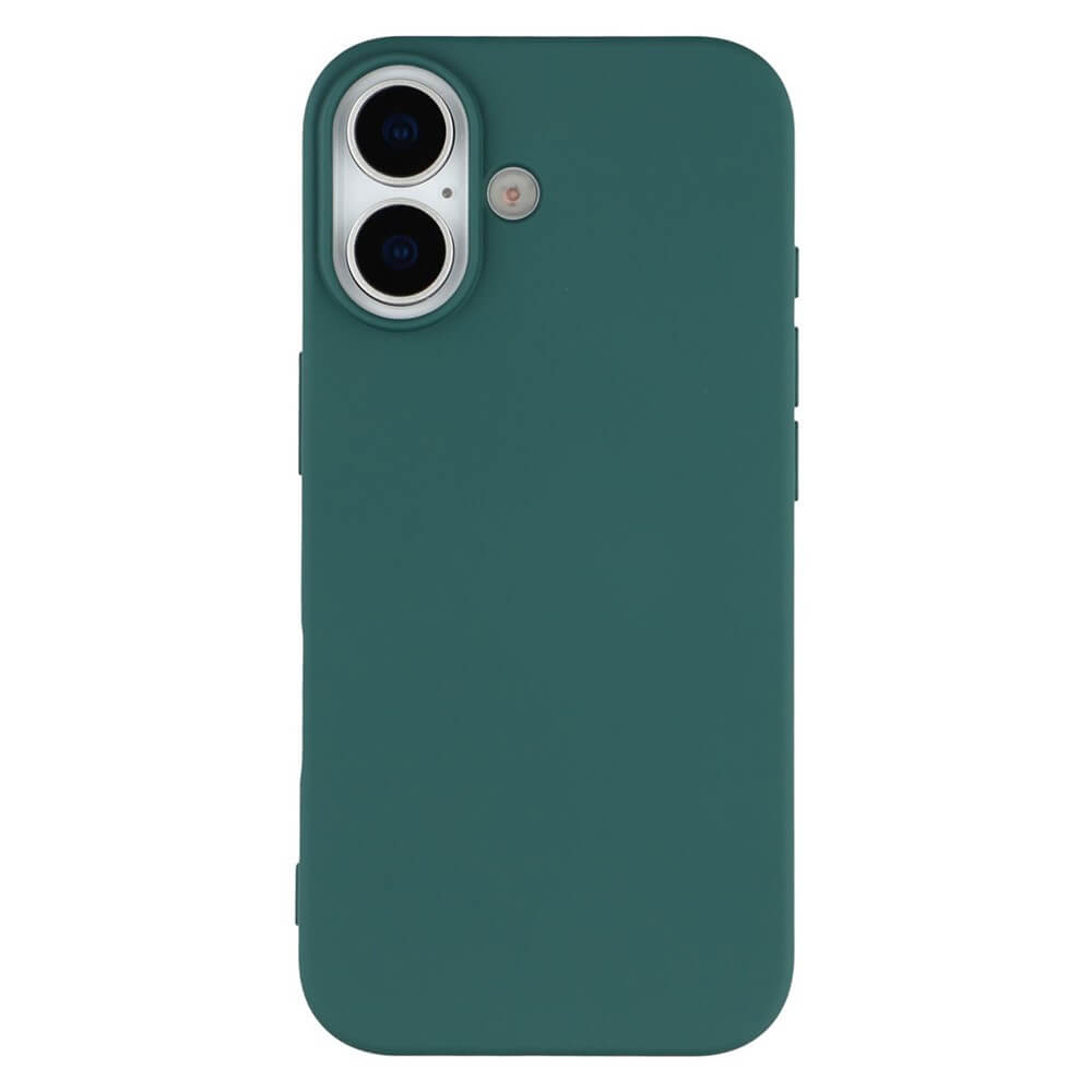 Grüne Smartphone-Hülle mit Aussparungen für Dual-Kamera und Blitz, glatt und schlicht gestaltet.