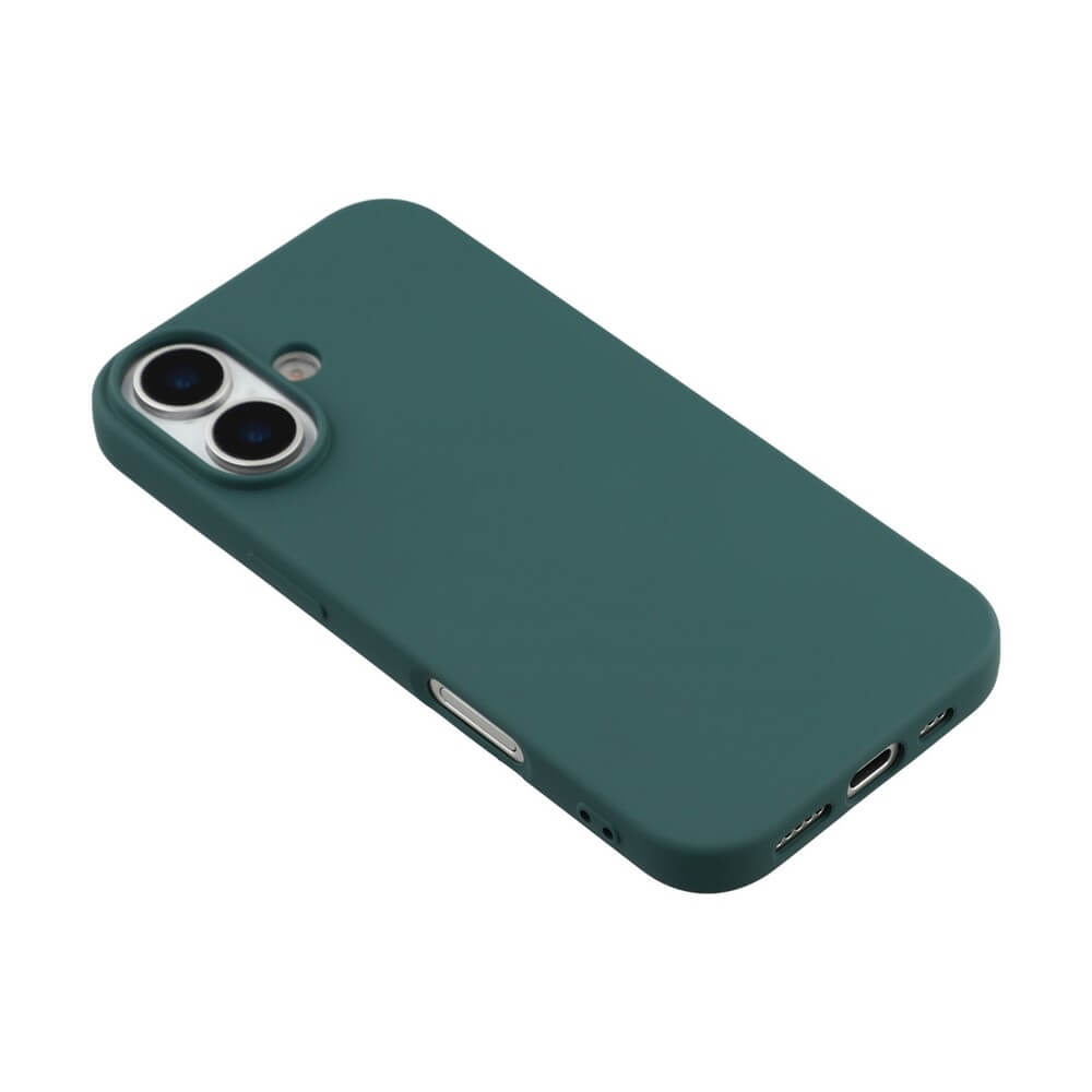 Smartphone mit Dualkamera in dunkelgrünem Schutzcase, präzise Aussparungen für Kamera und Anschlüsse.