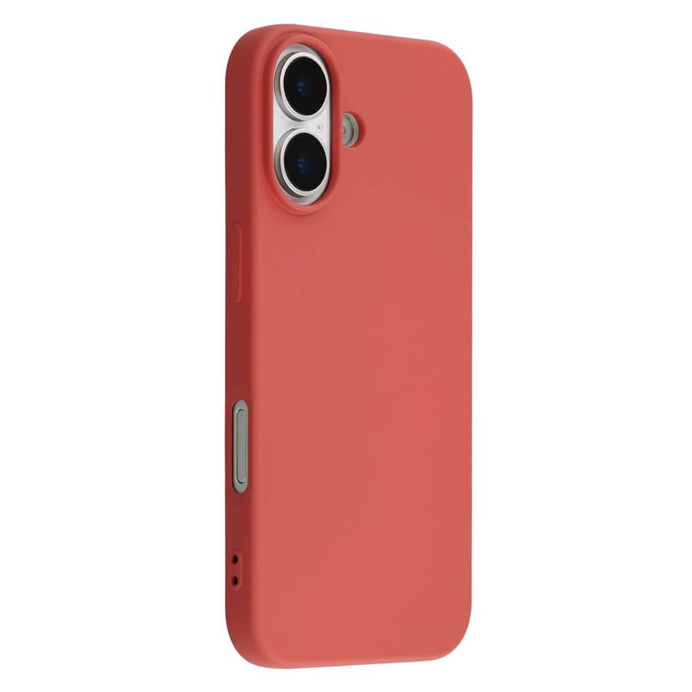 Korallenrotes Smartphone mit mattem Schutzcase und präzisen Aussparungen für Kameras und Anschlüsse.