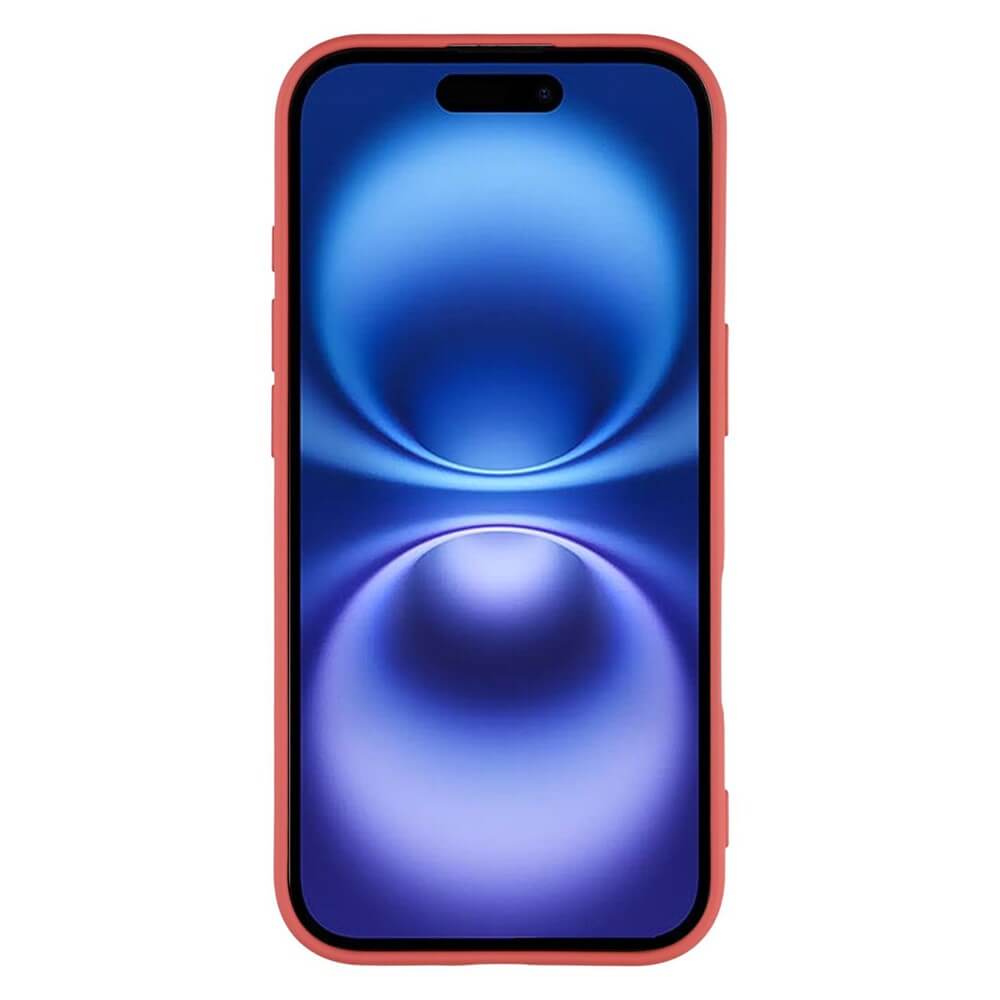 Modernes Smartphone mit rotem Schutzgehäuse und blauem abstraktem Hintergrund auf dem Display.