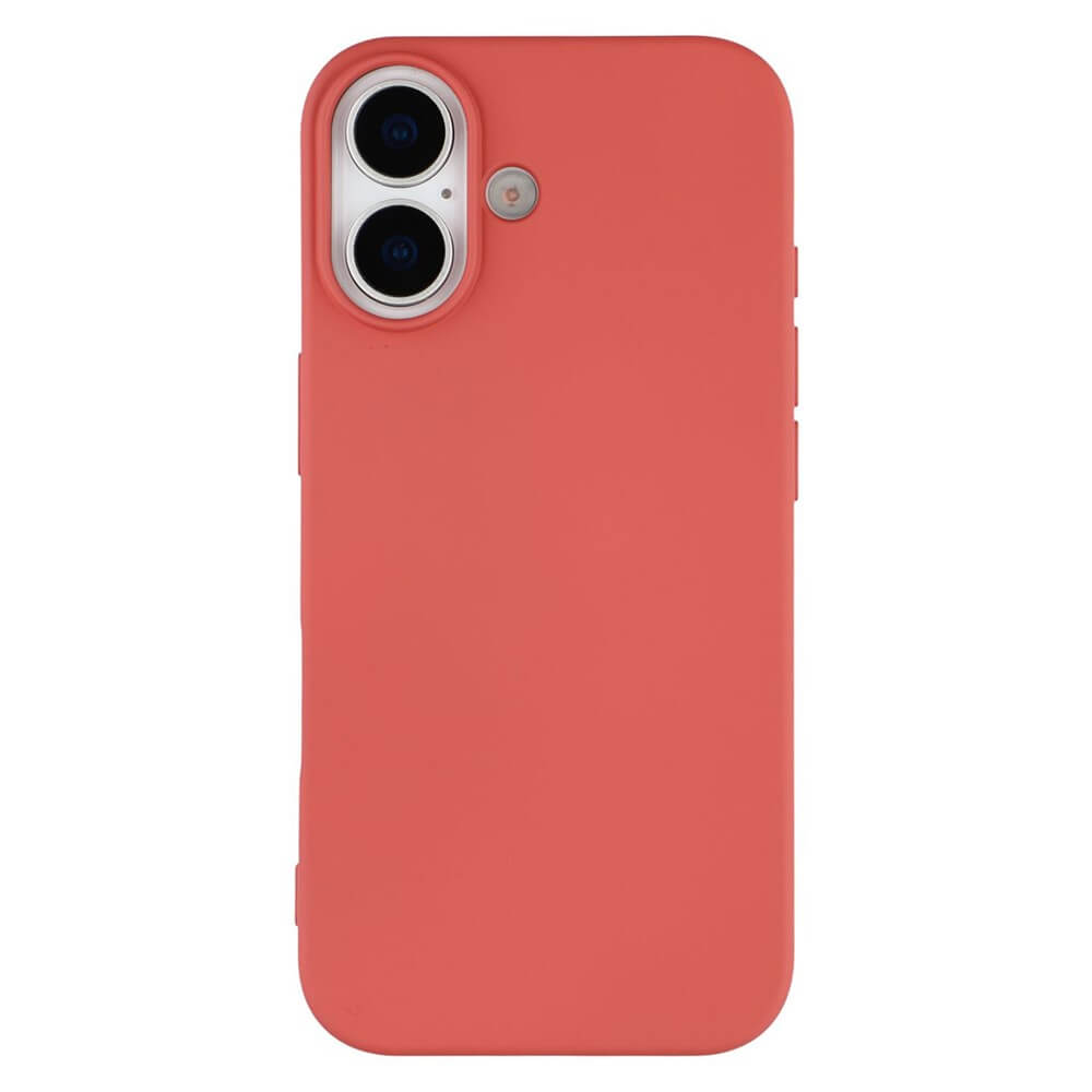 Smartphone mit korallenrotem Schutzgehäuse und Doppelkameras auf weißem Hintergrund.