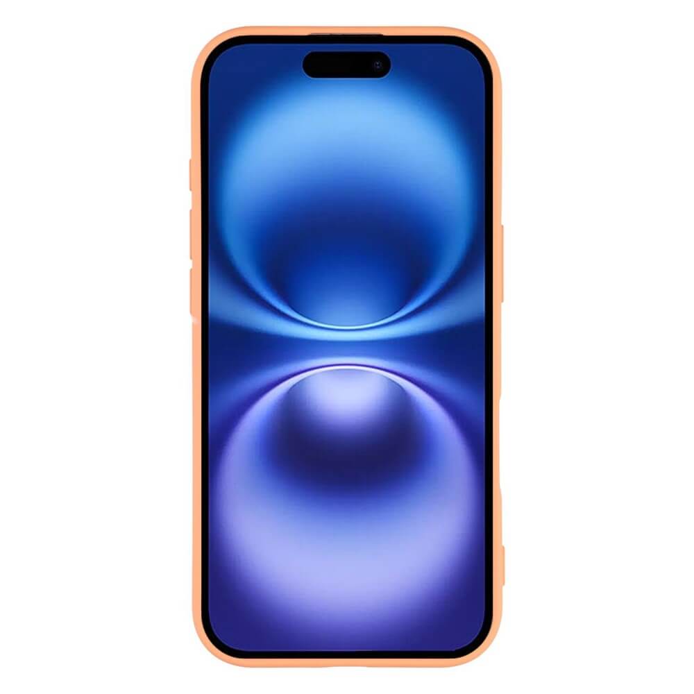 Modernes Smartphone mit pfirsichfarbenem Schutzcase und blauem Display mit kugelförmigen Lichtmustern.