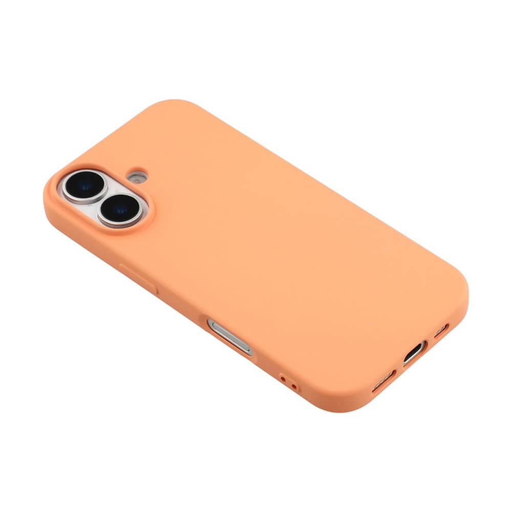 Smartphone mit pfirsichfarbenem Schutzcase, das die Dual-Kamera und den Blitz elegant schützt.