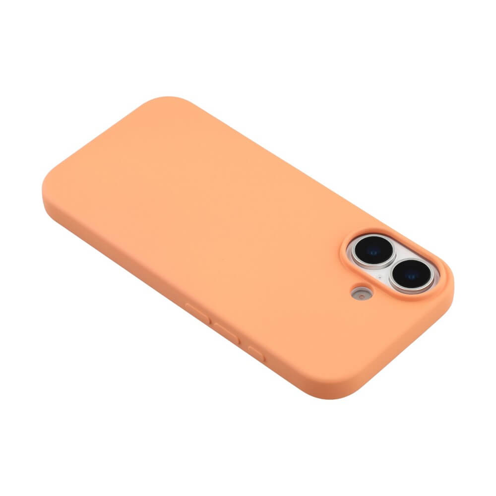 Smartphone mit Dualkamera und oranger Schutzhülle aus glattem Material, modernes Design.