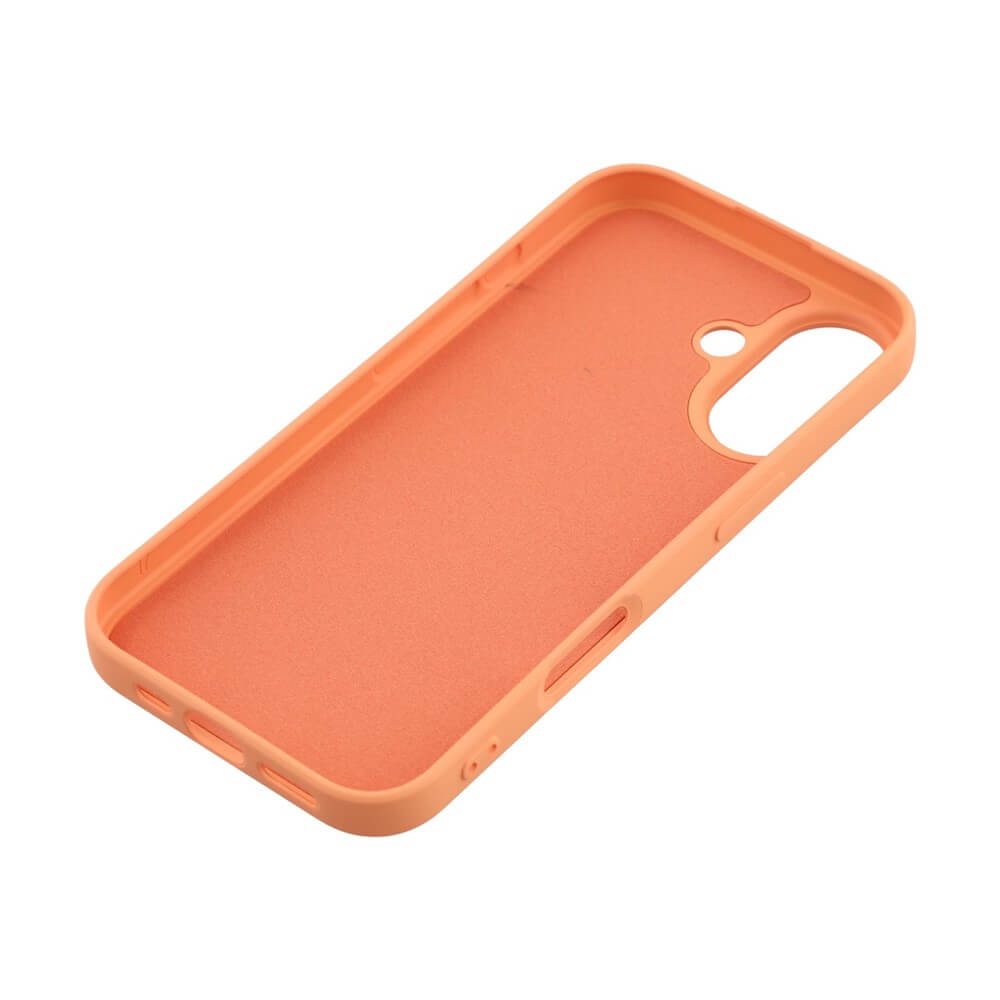 Orange Silikon-Handyhülle mit Aussparungen für Tasten und Kamera, weiches Material und abgerundete Kanten.