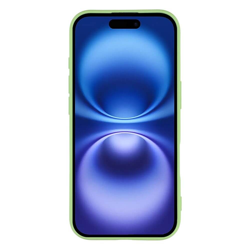 Ein modernes Smartphone mit grünem Schutzcase und Bildschirm mit abstraktem blau-violettem Farbverlauf und Kreisen.