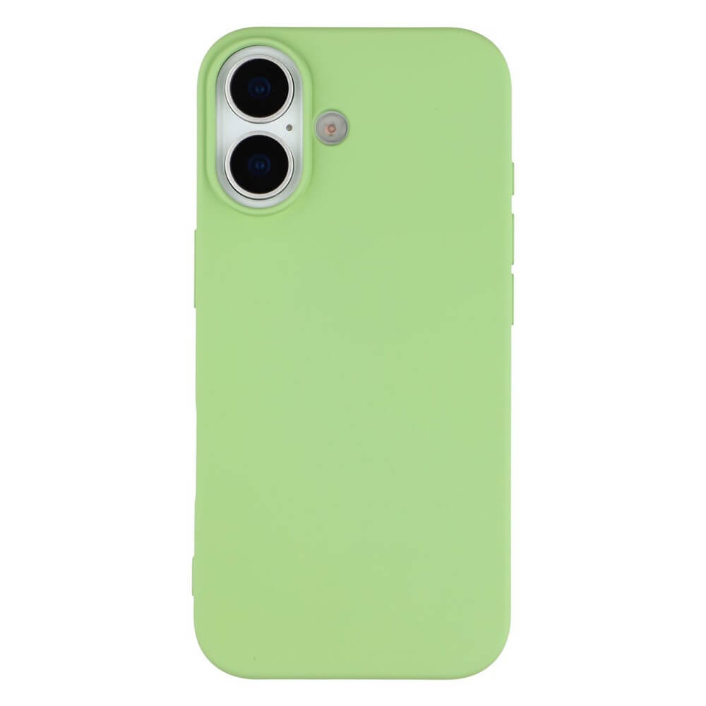 Smartphone mit pastellgrünem Schutzgehäuse, Dual-Kamera und Blitz vor weißem Hintergrund.
