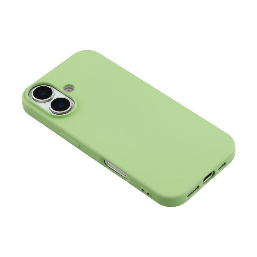 Modernes Smartphone mit hellgrünem Schutzcase und präzisen Aussparungen für Kamera und Tasten.