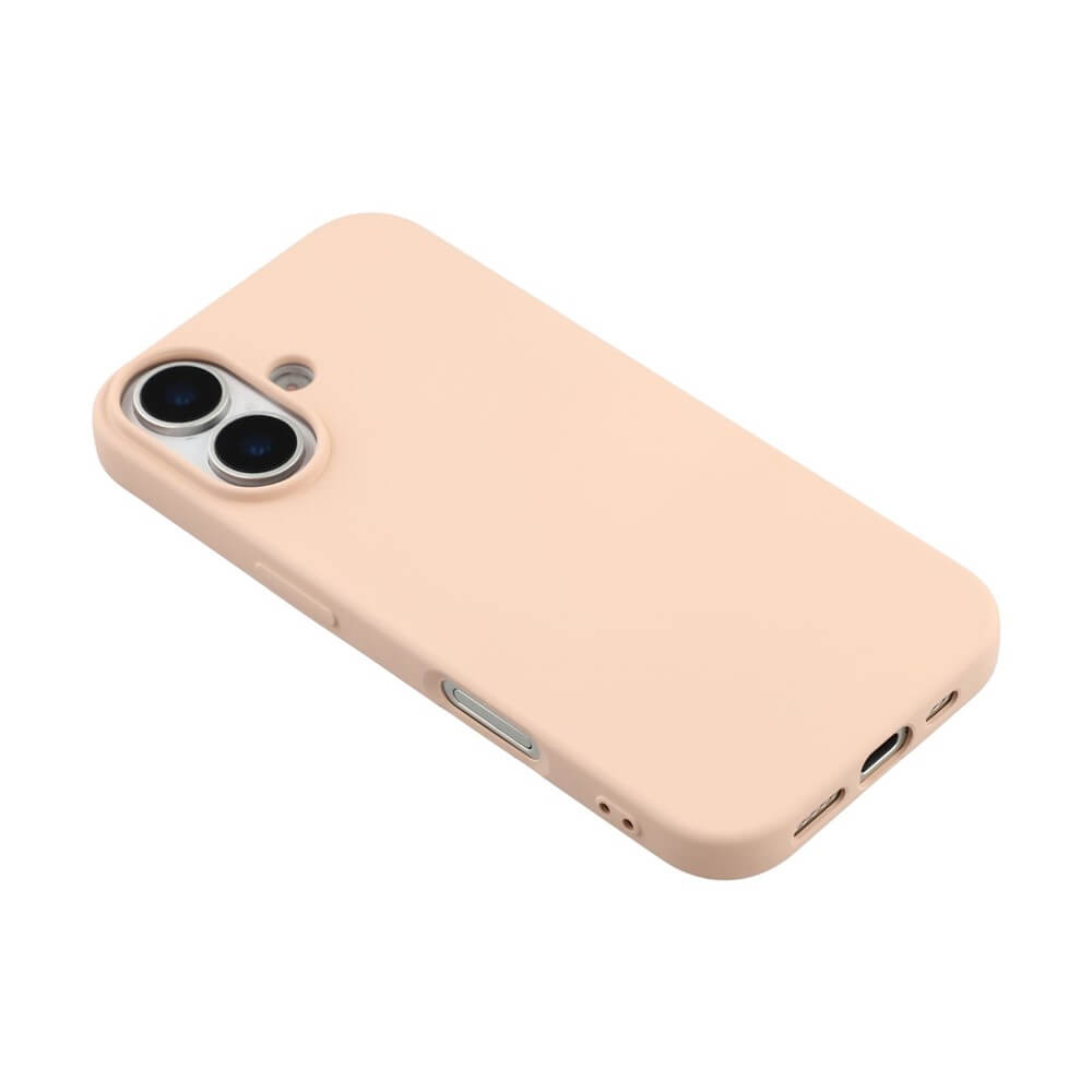 Smartphone mit beigem, mattem Schutzcase und präzisen Aussparungen für Kamera, Tasten und Ladeanschluss.