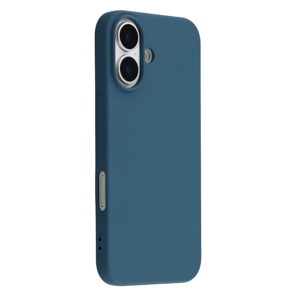 Blaue Smartphone-Hülle mit glatter Oberfläche, passend für Dual-Kamera-Handy, auf weißem Hintergrund.