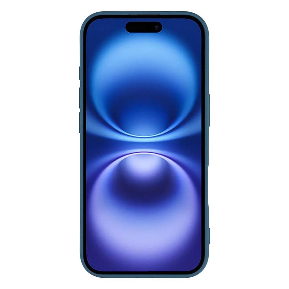 Modernes Smartphone mit schmalem Rahmen und blauem Rand zeigt abstraktes blau-lila symmetrisches Hintergrundbild.