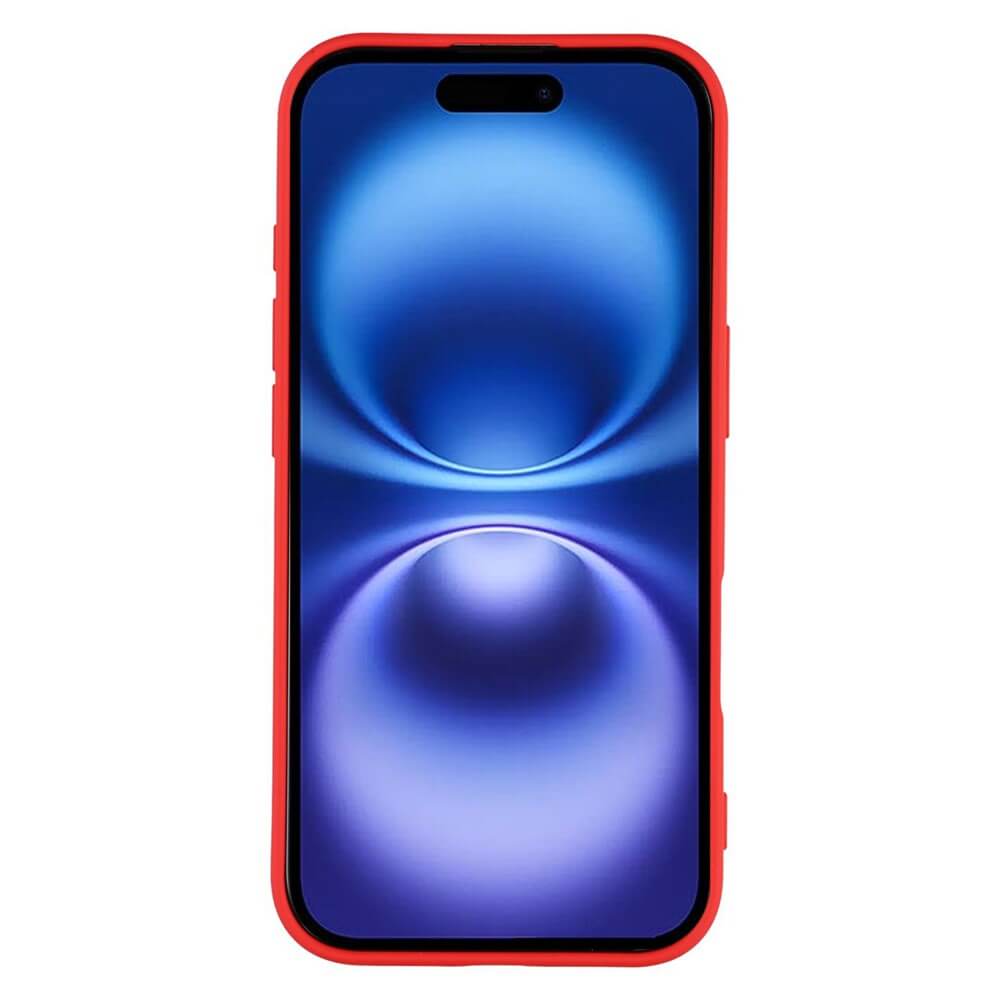 Smartphone mit rotem Schutzcase und blau-violettem Farbverlauf auf dem Display, mit dünnen Rahmen und zentraler Frontkamera.