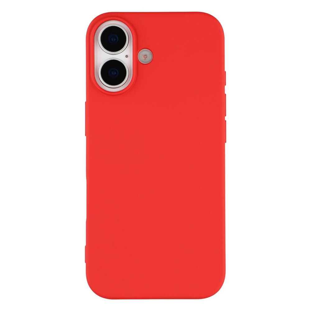 Rote Smartphone-Hülle mit mattem Finish, schützt Rückseite und Kanten, Ausschnitt für Dual-Kamera sichtbar.