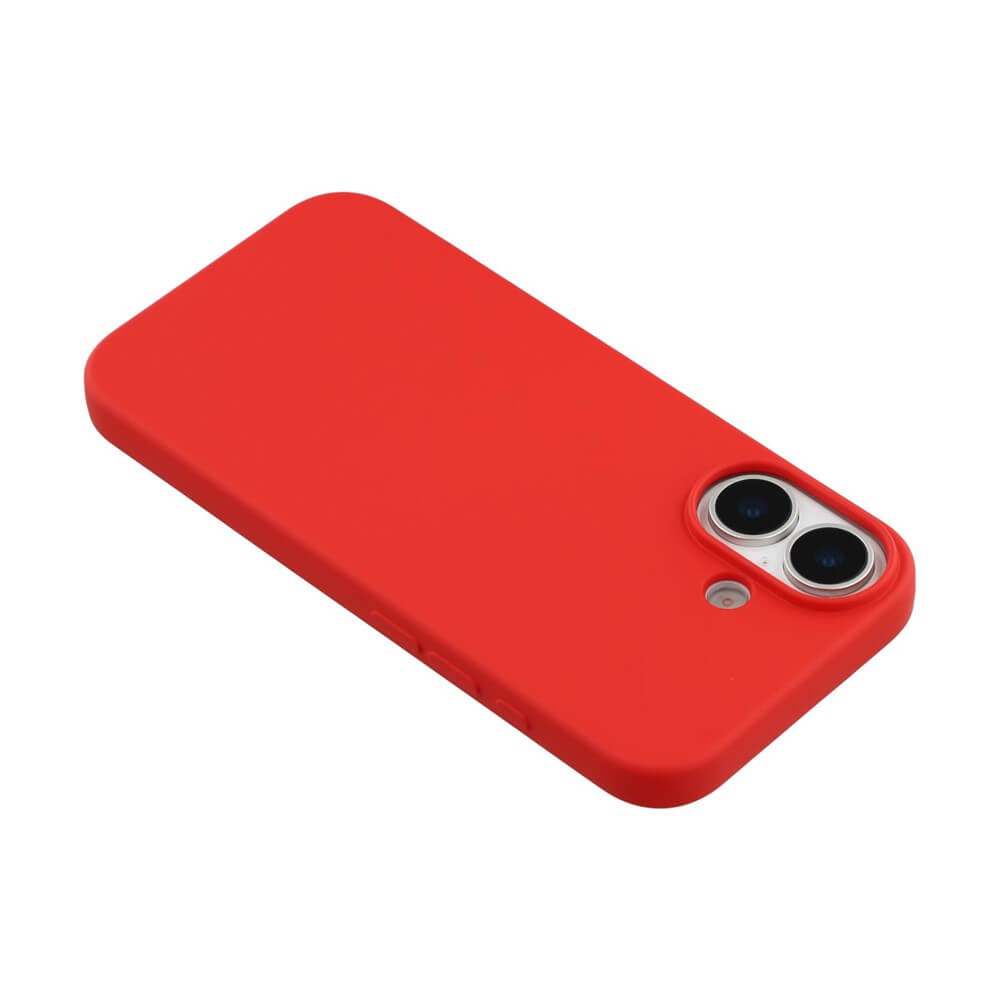 Rote Handyhülle mit glatten Kanten, passend für Smartphone mit Dual-Kamera und Blitz.