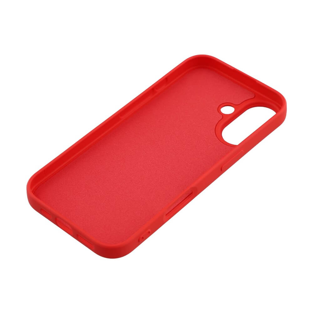Elegante rote Handyhülle mit präzisen Ausschnitten für Kamera und Tasten, ideal für Schutz und Stil.