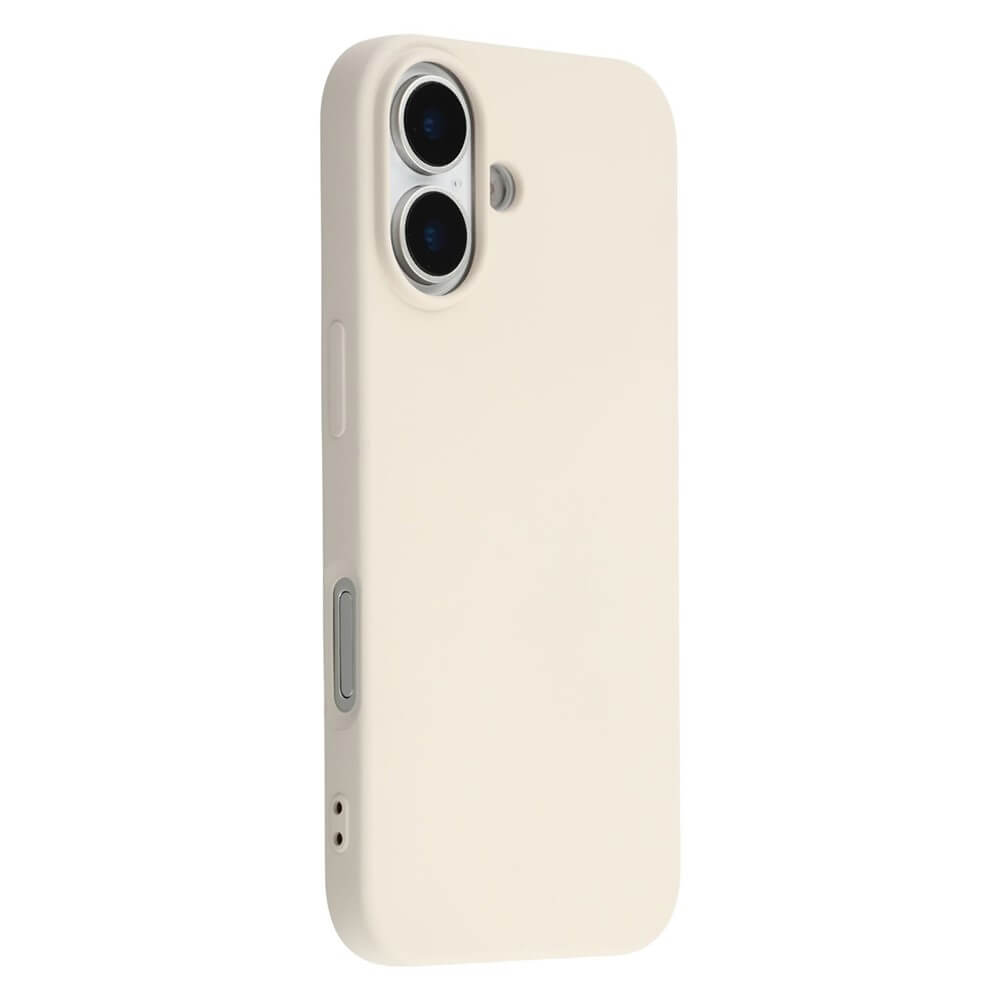 Beige Smartphone-Hülle mit matter Oberfläche und zwei kreisförmigen Kameralöchern mit silbernen Rändern.