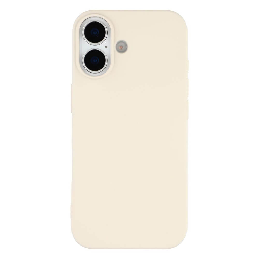 Rückansicht eines Smartphones mit cremefarbenem Softcase und vertikalen Doppelkameras mit Blitz.
