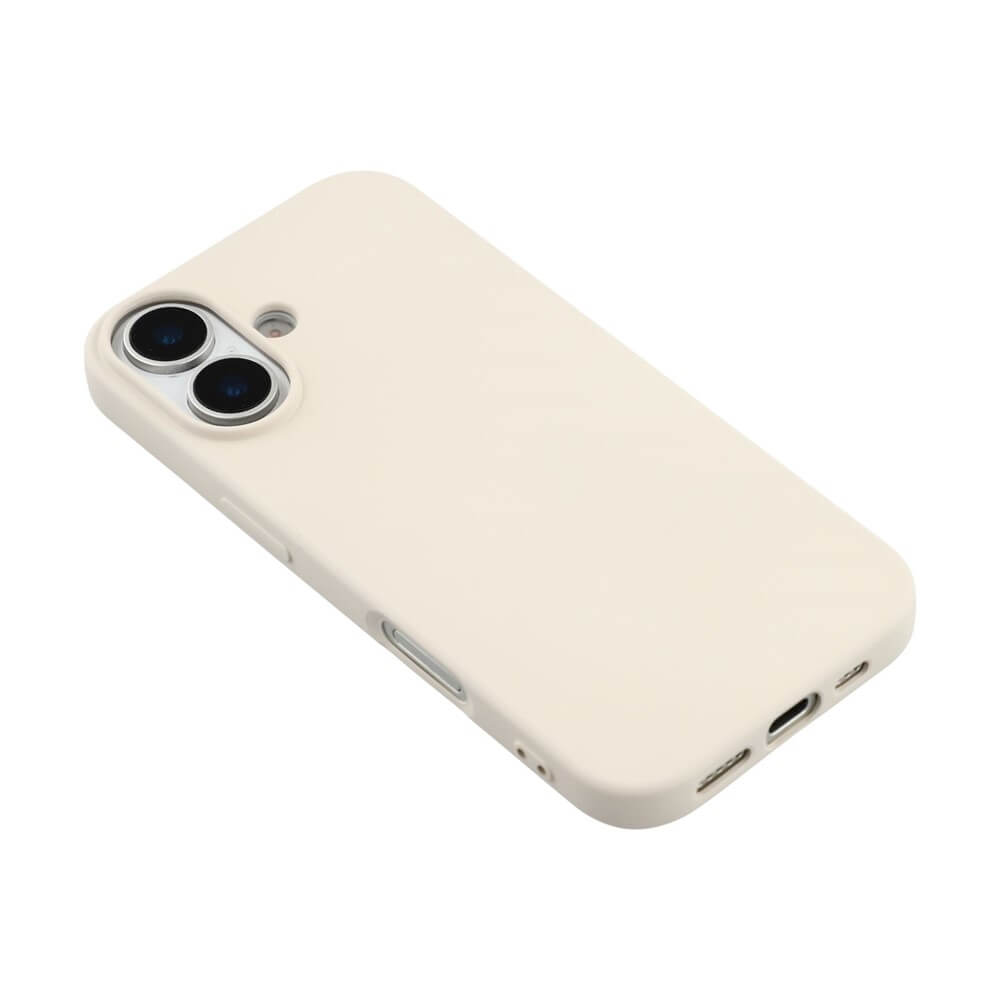 Beige Smartphone-Hülle mit Aussparungen für Dualkamera, Blitz und Ladeanschluss im minimalistischen Design.