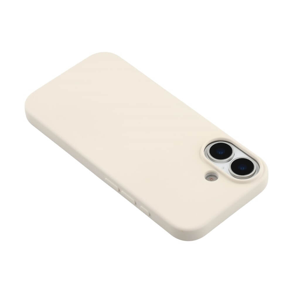 Beige, glatte Smartphone-Hülle mit Aussparungen für Dual-Kamera und Blitz an einem modernen Handy.