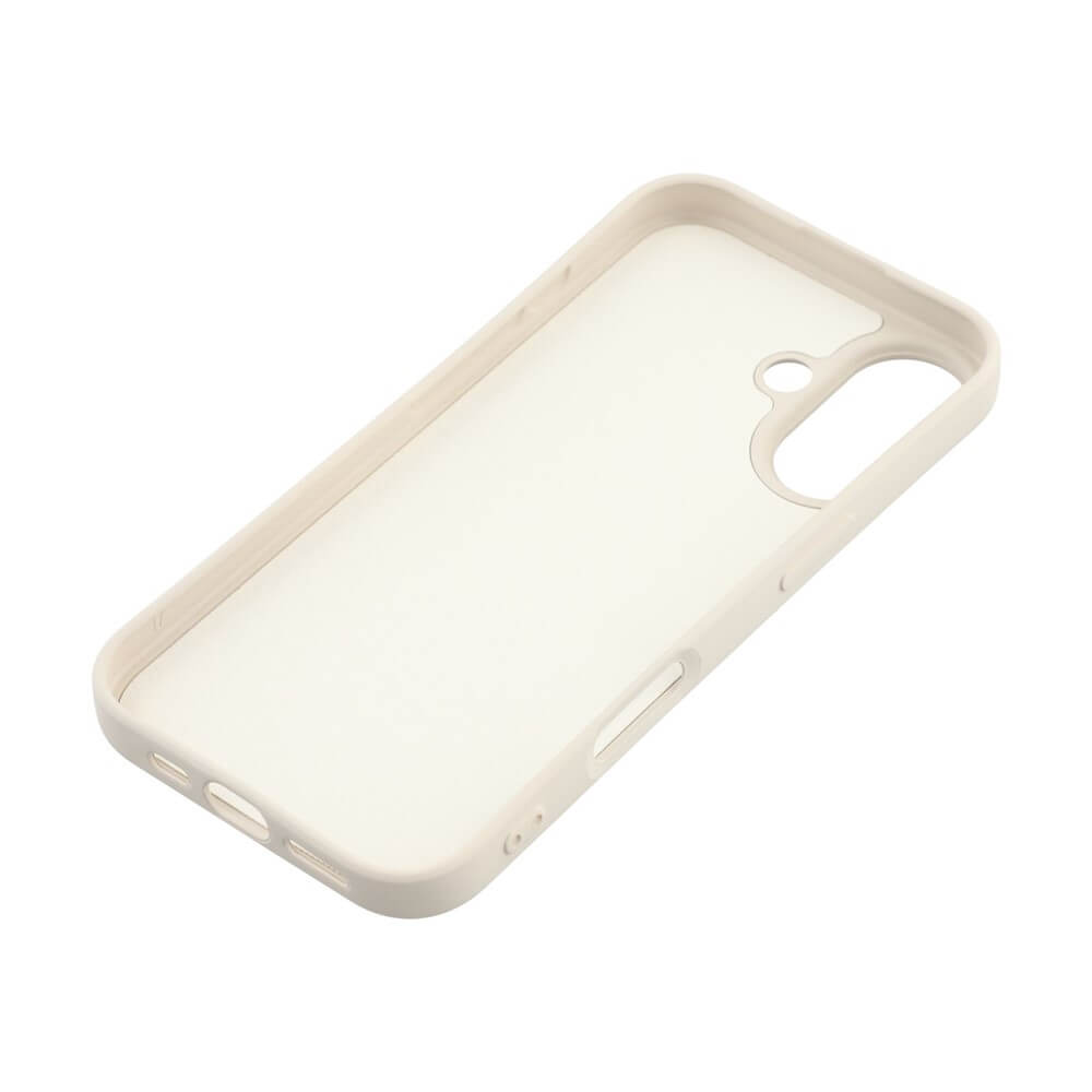 Beige Smartphone-Hülle mit offenem Rücken und präzisen Aussparungen für Kamera und Tasten.