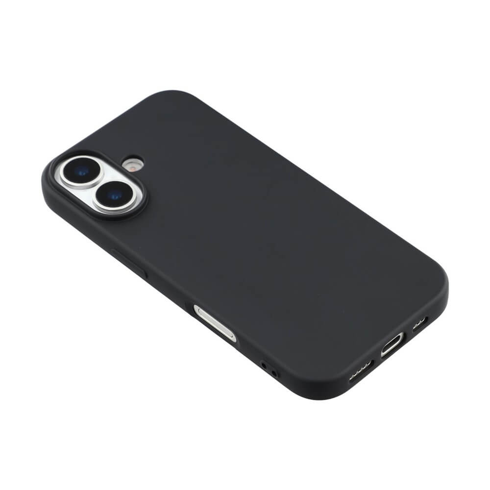 Elegante schwarze Smartphone-Hülle mit Aussparungen für Dual-Kamera, Blitz und Seitentasten.