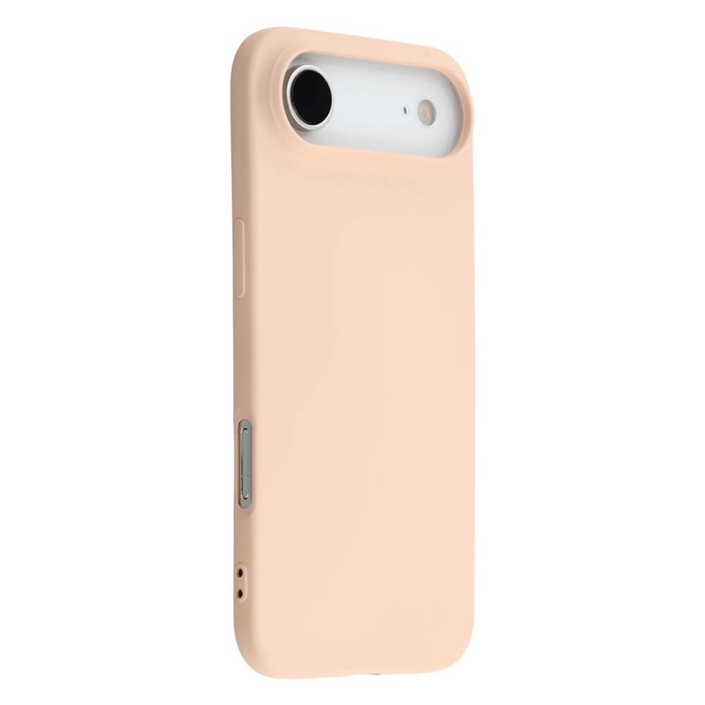Smartphone mit elegantem, hellpfirsichfarbenem Schutzgehäuse und präzisem Kameraausschnitt auf weißem Hintergrund.