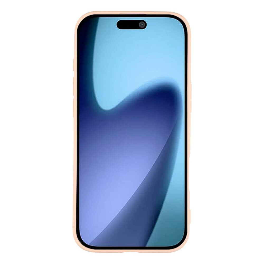 Modernes Smartphone mit pfirsichfarbenem Schutzcover und abstraktem blau-lila Hintergrundbild auf weißem Untergrund