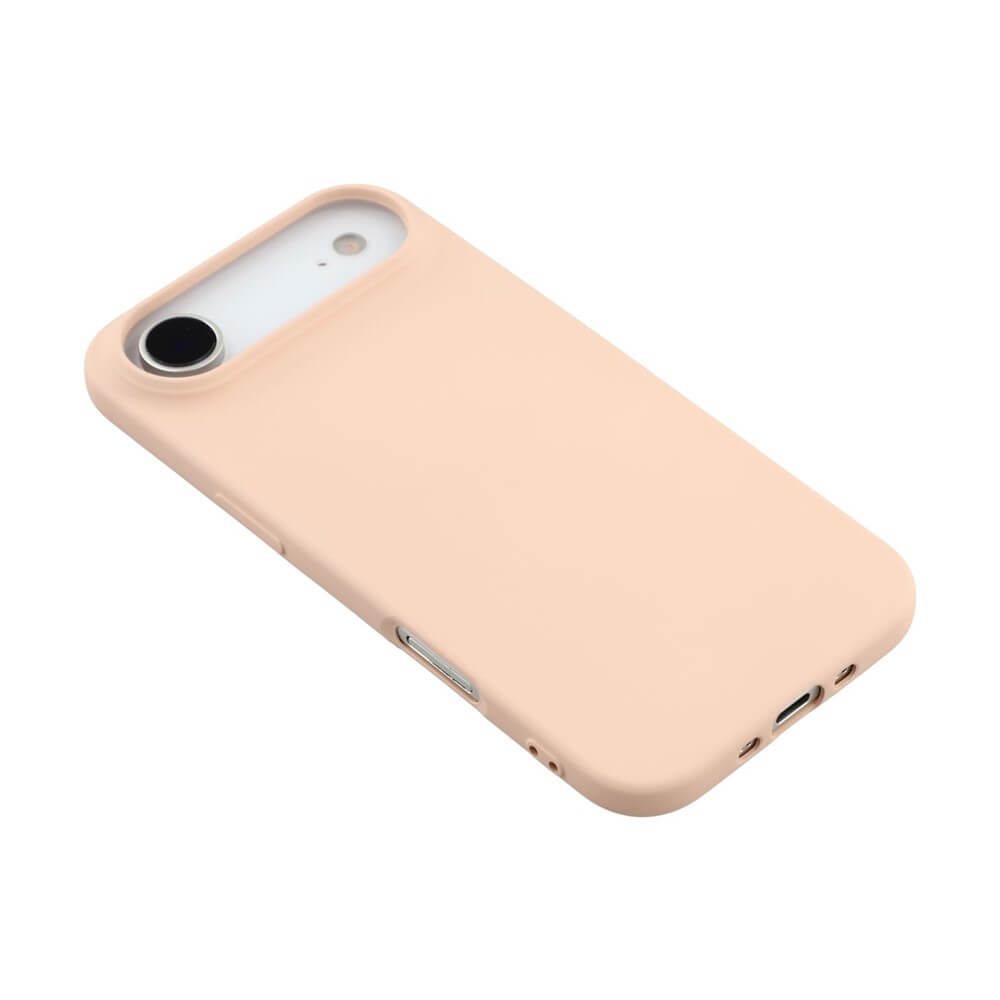 Smartphone mit minimalistischem pfirsichfarbenem Schutzgehäuse, Rückseite und Kamera sichtbar