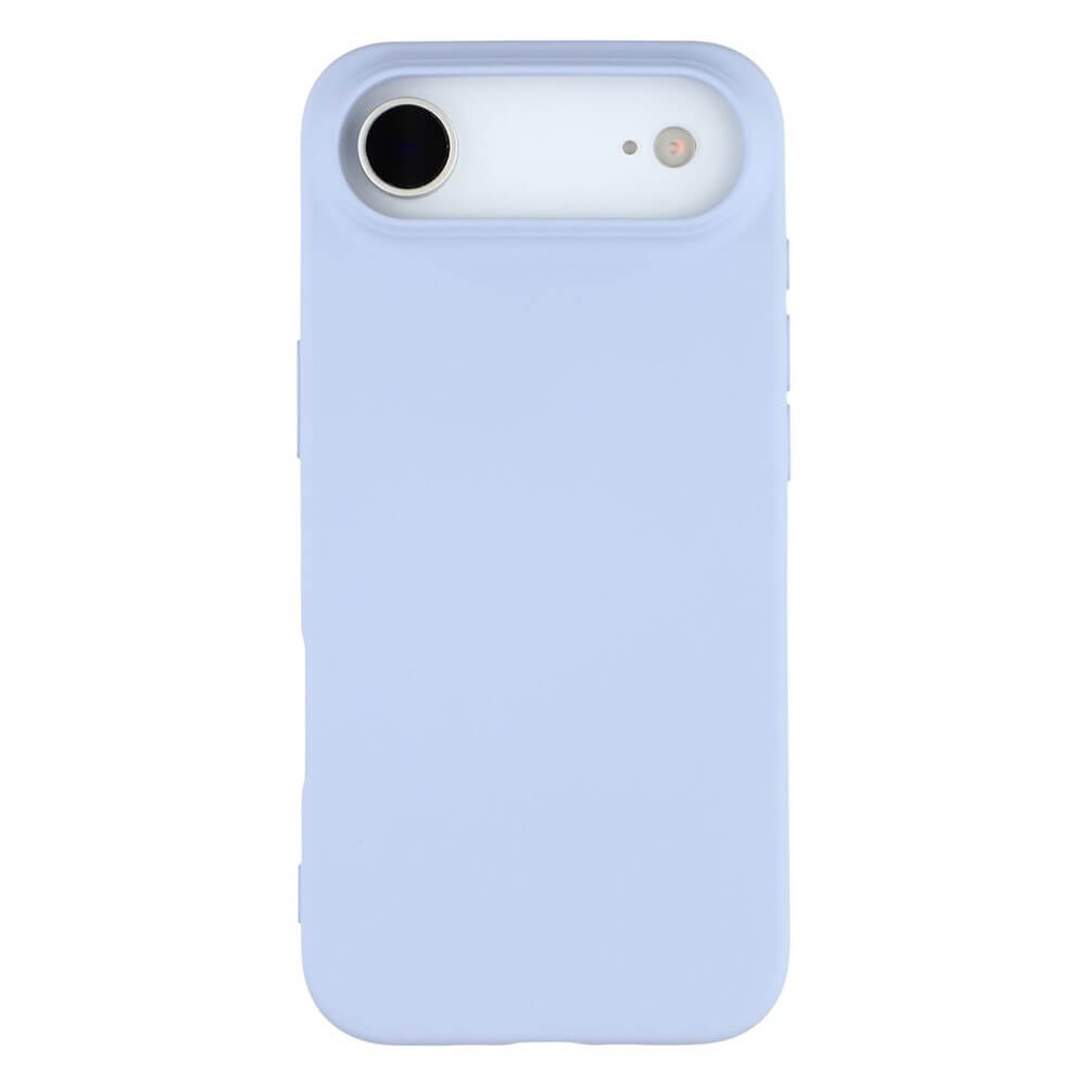Smartphone in hellblauer Schutzhülle, Rückseite mit Kameralinse und Blitz sichtbar, elegantes Design.