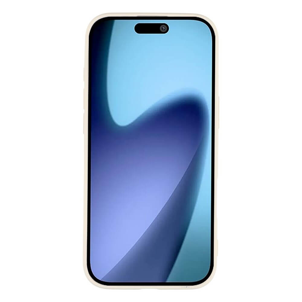 Modernes Smartphone mit großem Display, blauem Farbverlauf und heller Einfassung, frontal vor weißem Hintergrund.