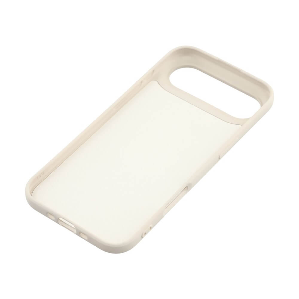 Weiße Smartphone-Hülle mit Aussparungen für Tasten und Kamera, Innenseite sichtbar, schlichtes Design.