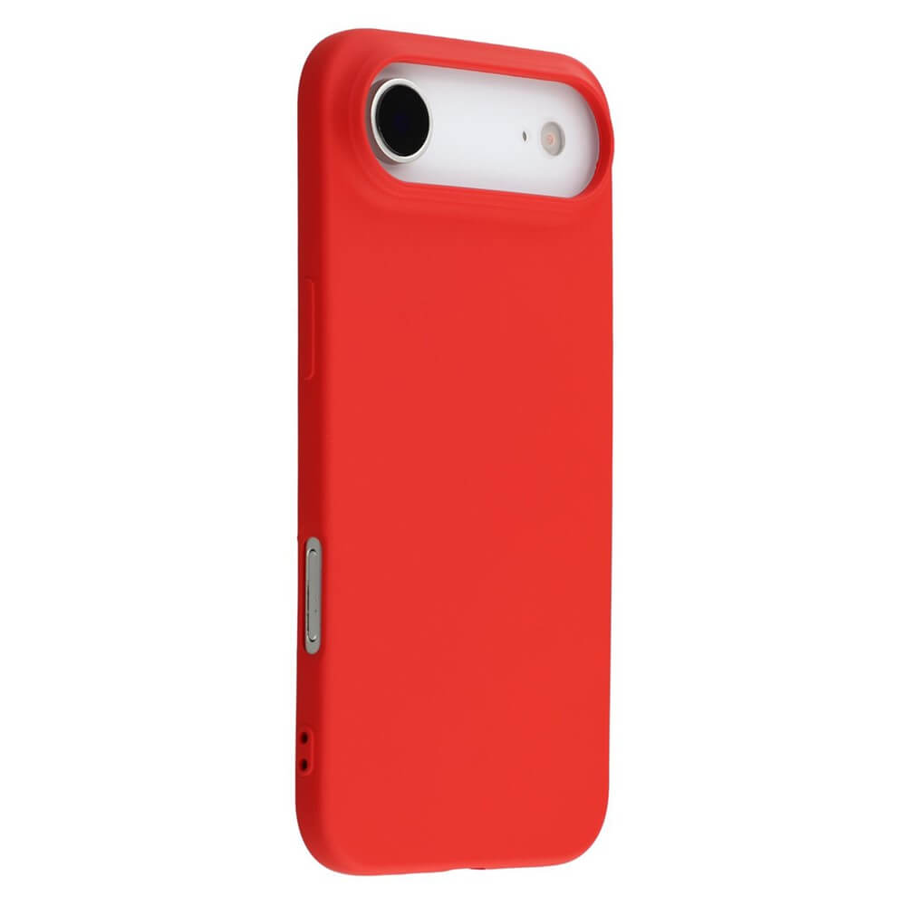 Ein modernes Smartphone mit rotem Schutzcase, das Rückseite, Kamera und seitliche Tasten deutlich zeigt.